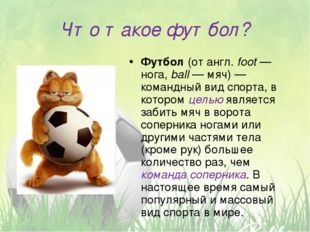 Что такое футбол? Футбол (от англ. foot — нога, ball — мяч) — командный вид с