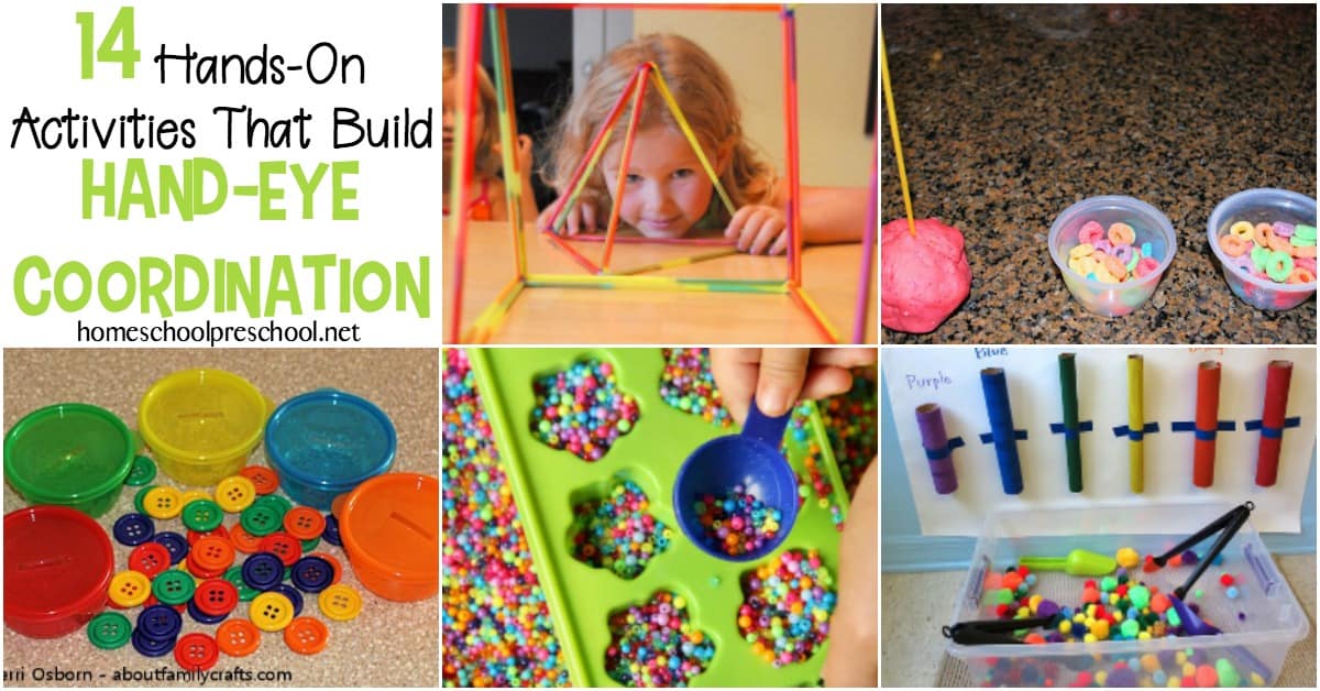 Discover 14 activities to strengthen hand eye coordination. All of these hand eye coordination activities feature play-based learning!