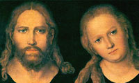 Depiction of Jesus as a fair-skinned man with long hair and a beard, with Mary, a long-haired woman with strong facial resemblance to Jesus, sitting by his side inclining her head slightly towards him. Both are looking directly at the viewer